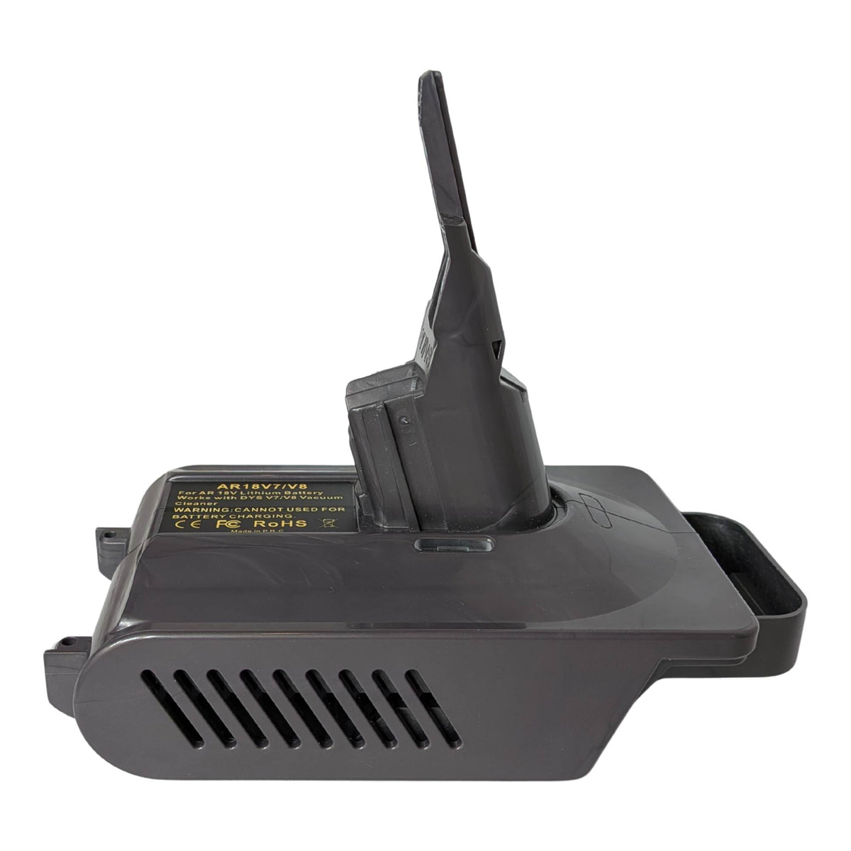 AEG 18V to Dyson V8 battery adapter - side view, Dyson tool-side stem above the vented body and printed label
