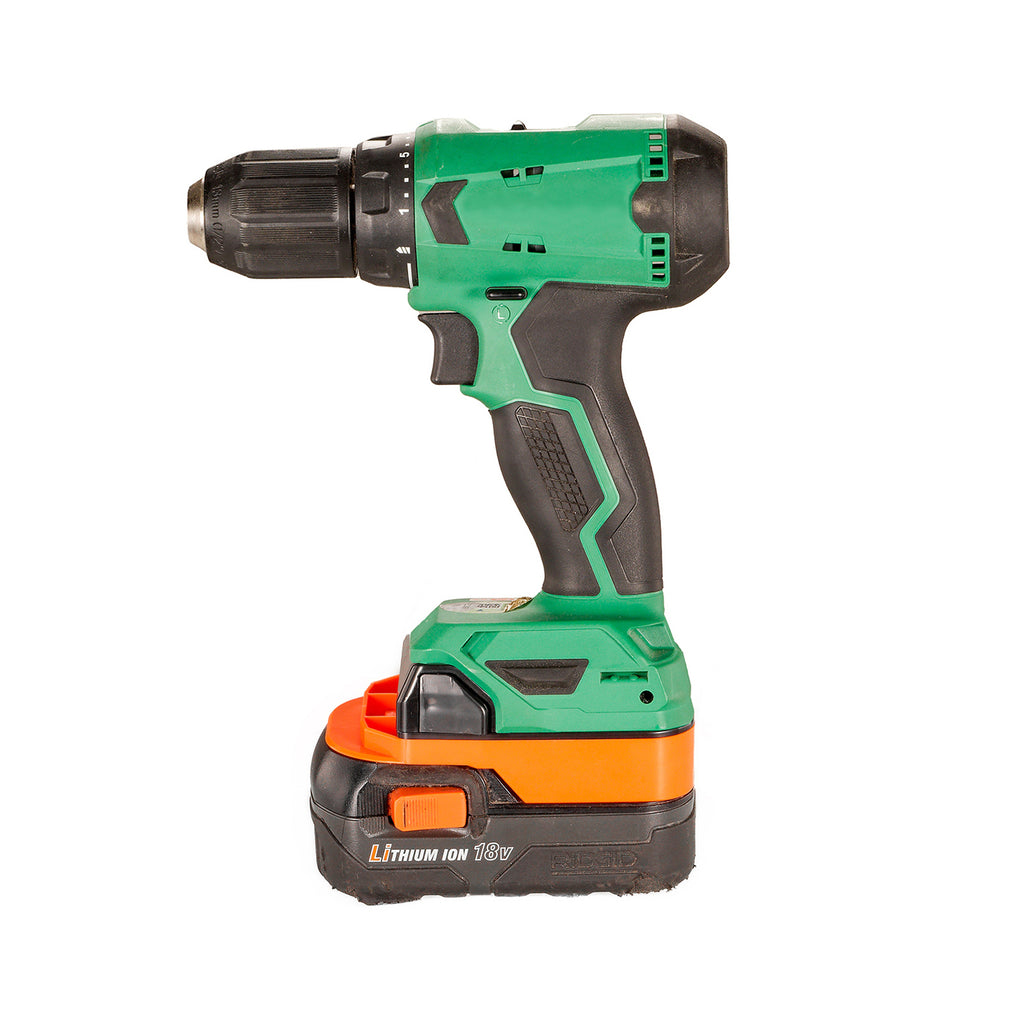 AEG 18V to Metabo HPT 18V battery adapter - installed on a drill driver with the battery fitted below