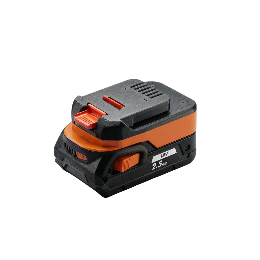 AEG 18V to MacNaught 18V battery adapter - seated on a battery pack, MacNaught tool-side connection upward