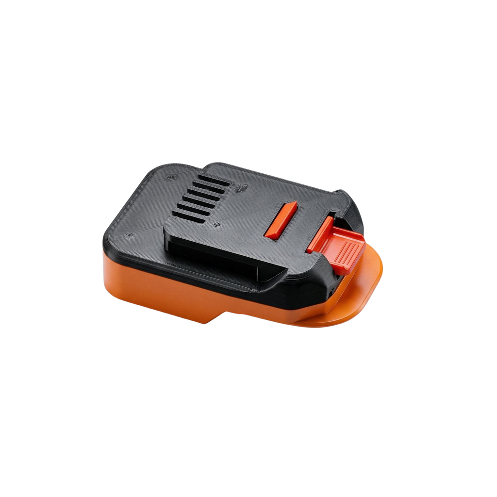 AEG 18V to MacNaught 18V battery adapter - three-quarter view, MacNaught tool-side connection over the orange body