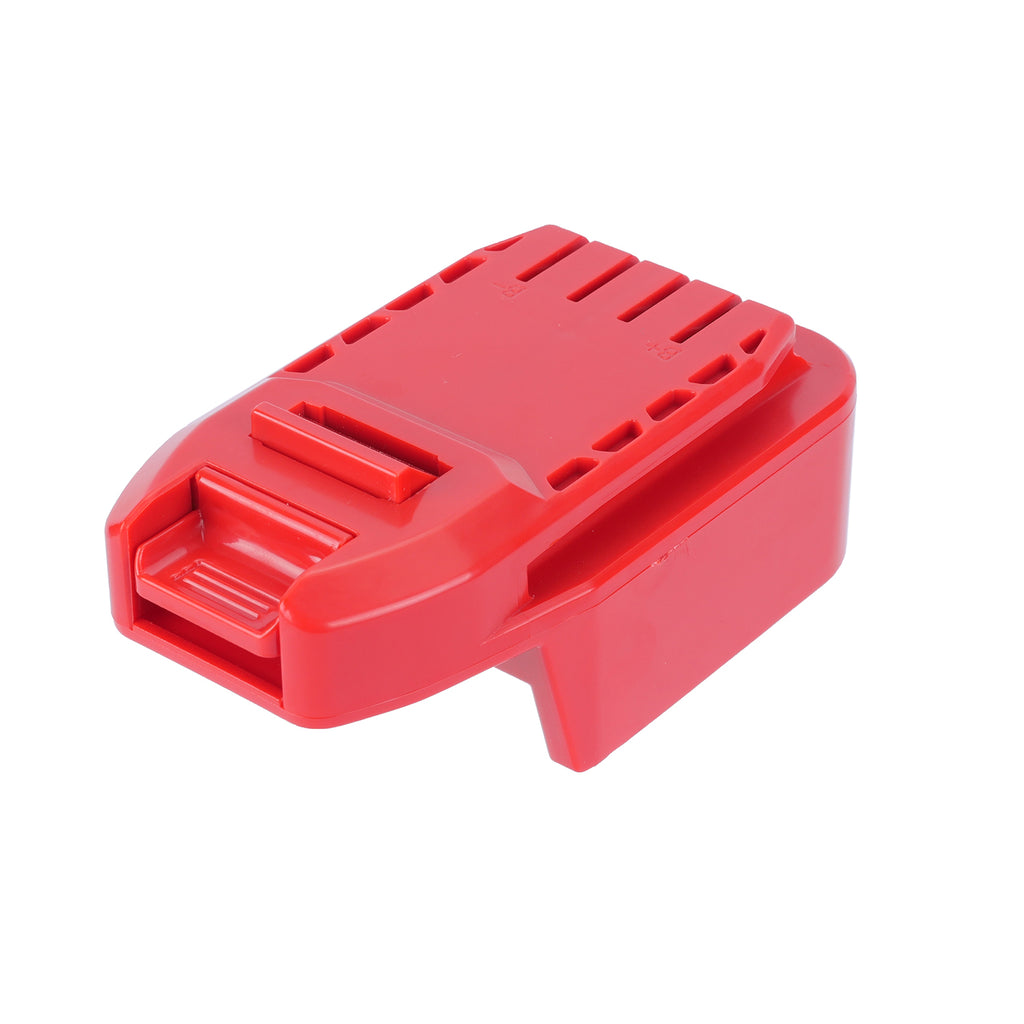 Milwaukee M18 to Stanley V20 battery adapter - three-quarter view of the Stanley V20 tool-side connection with vent slots