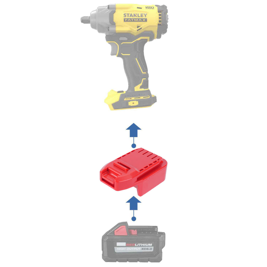 Milwaukee M18 to Stanley V20 battery adapter - compatibility diagram showing battery, adapter and impact wrench