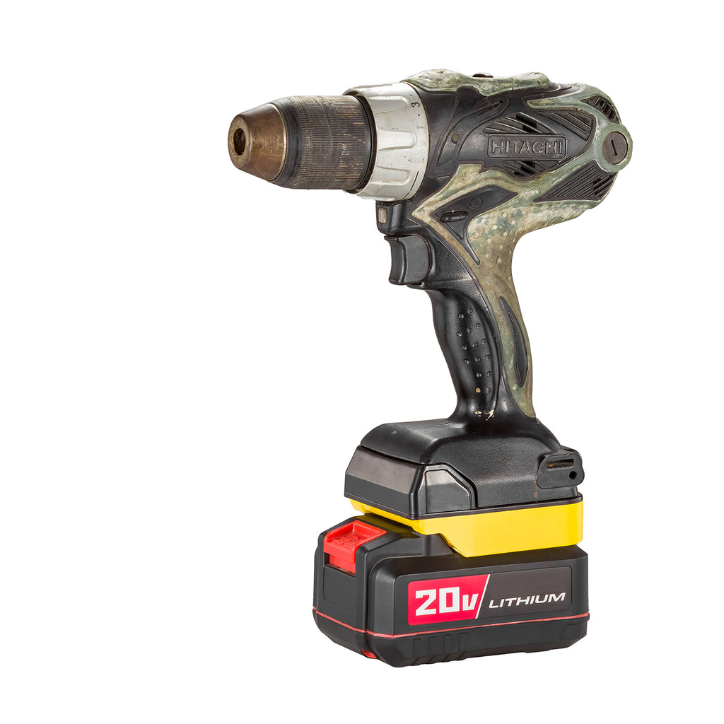 Bauer 20V to Metabo HPT 18V battery adapter - cordless drill installed on the adapter, seated on a battery pack