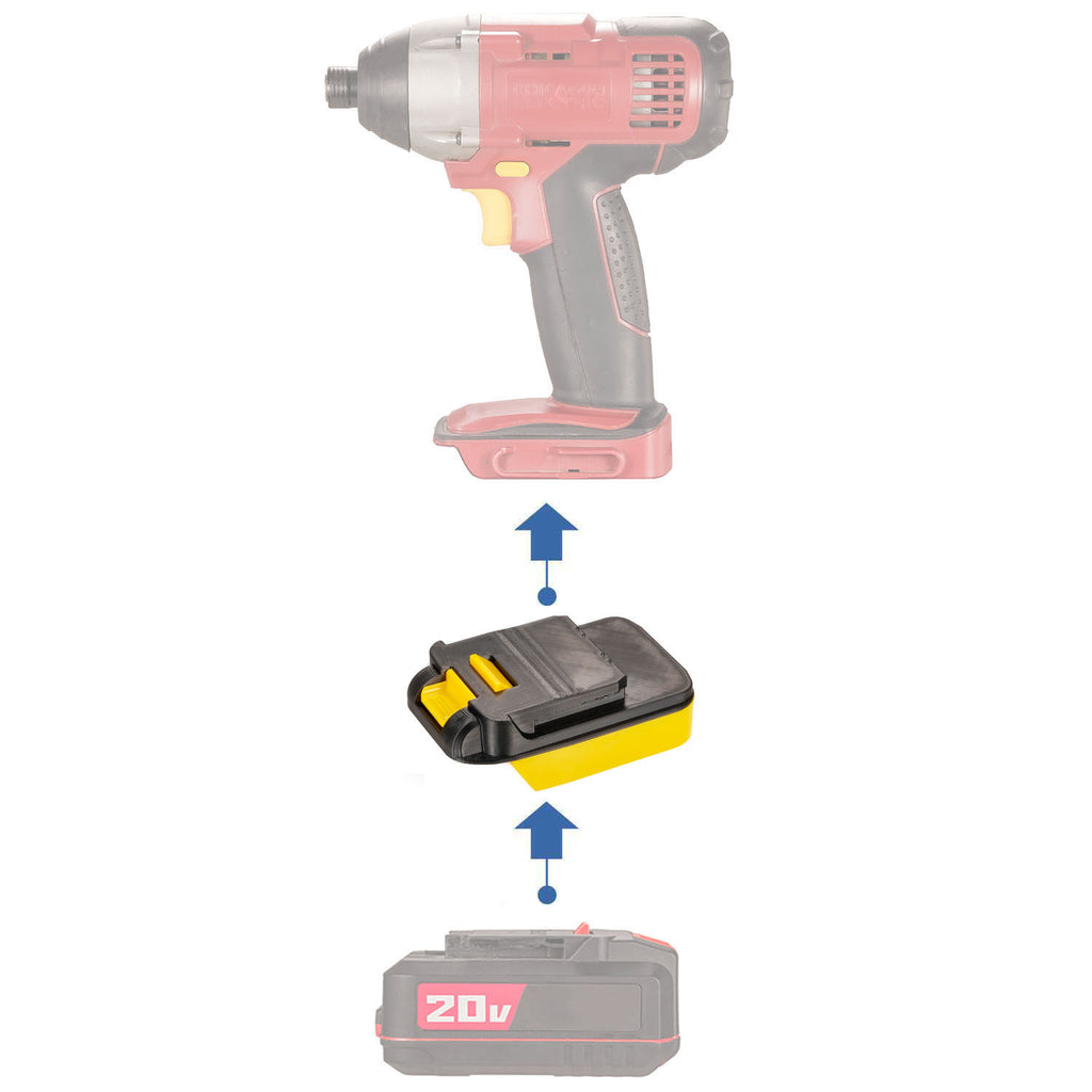 Bauer 20V to Chicago Electric 18V battery adapter - compatibility diagram showing battery, adapter and impact driver