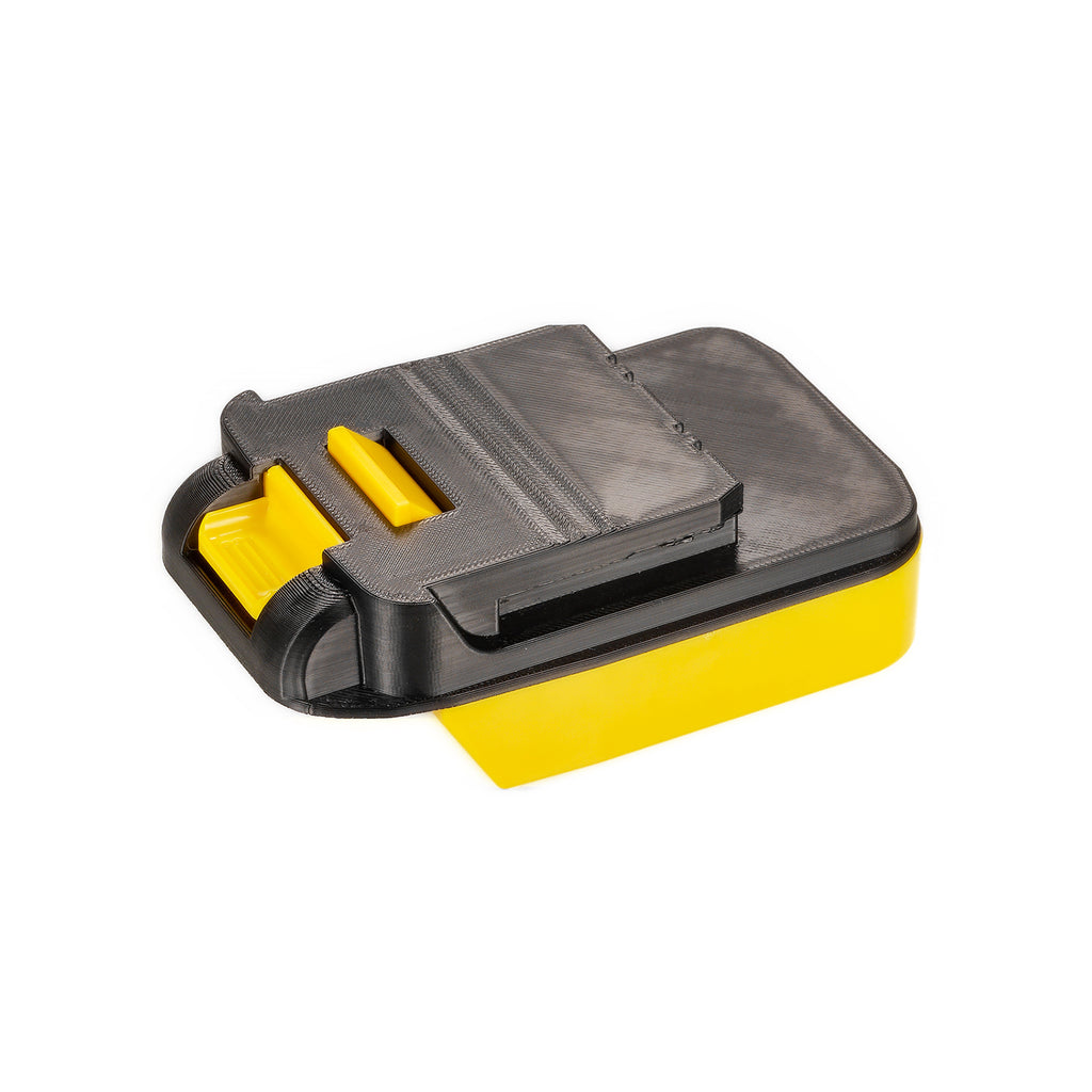 Bauer 20V to Chicago Electric 18V battery adapter - tool-side connection, black panel with the yellow release button