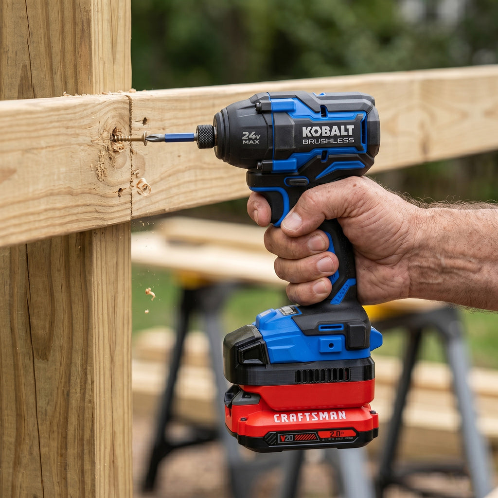 Craftsman 20V to Kobalt 24V battery adapter - in use on an impact driver driving a screw into a timber frame