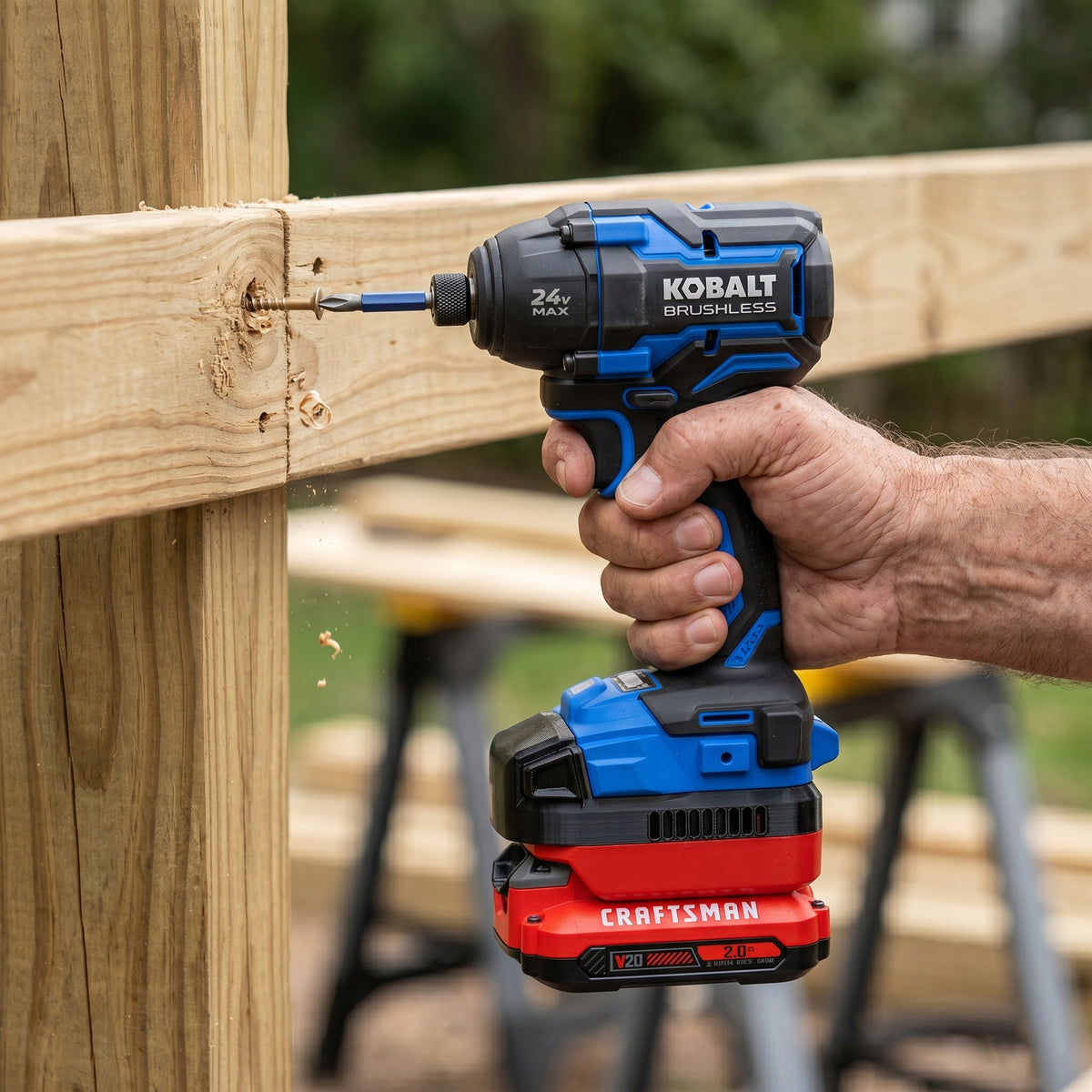 Craftsman 20V to Kobalt 24V battery adapter - in use on an impact driver driving a screw into a timber frame