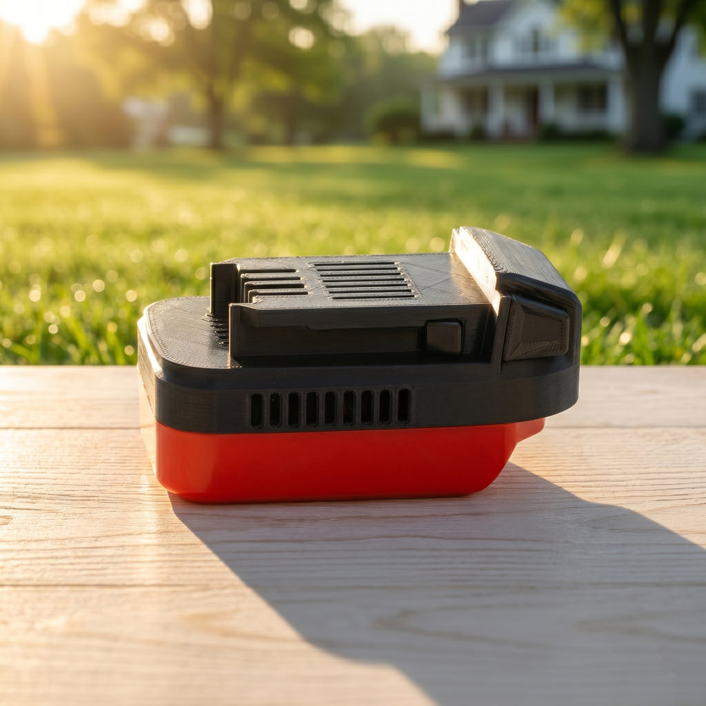 Craftsman 20V to Kobalt 24V battery adapter - Kobalt tool-side connection upward, standing on a wooden board outdoors