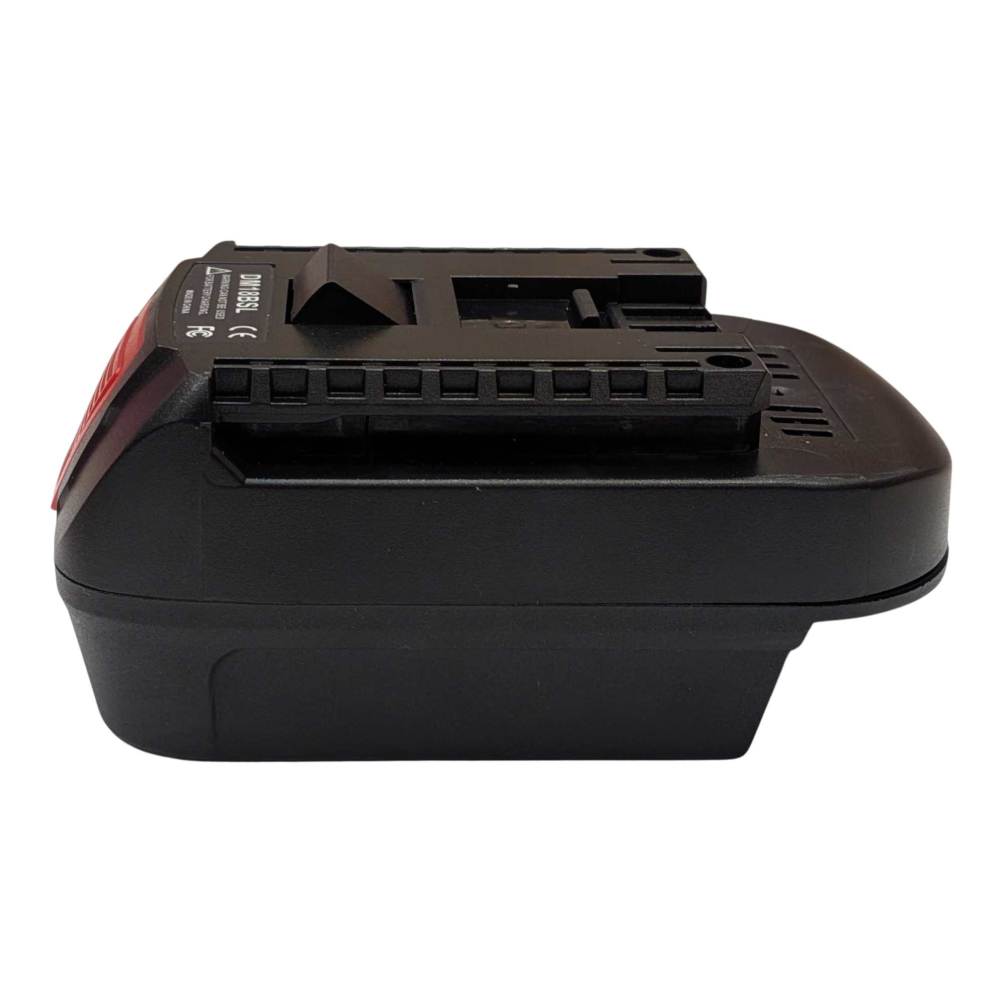 DeWalt 20V MAX to Bosch 18V GBA (Blue) battery adapter - side view with the tool-side rails and the release catch edge-on