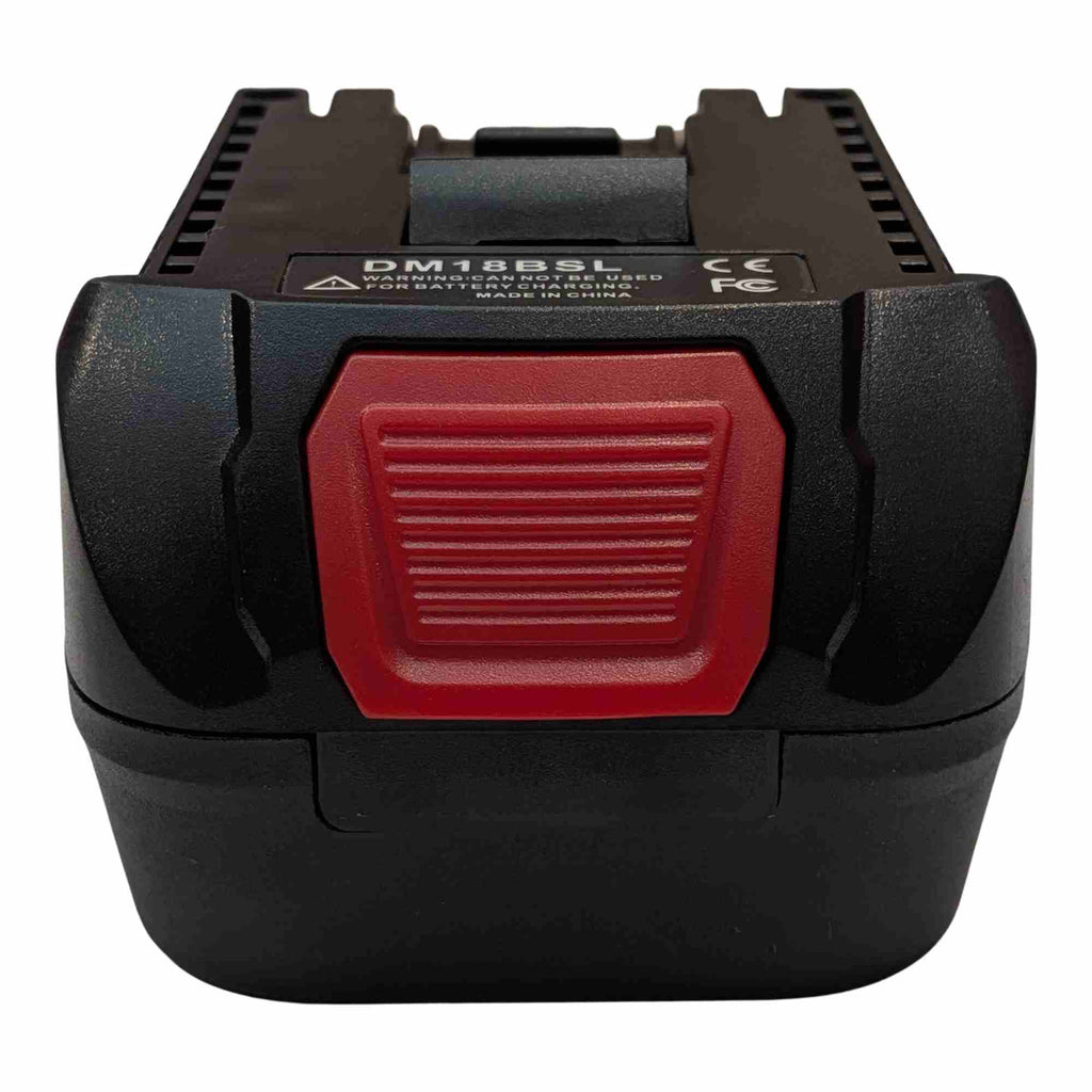 DeWalt 20V MAX to Bosch 18V GBA (Blue) battery adapter - front view of the ribbed release catch below the printed label