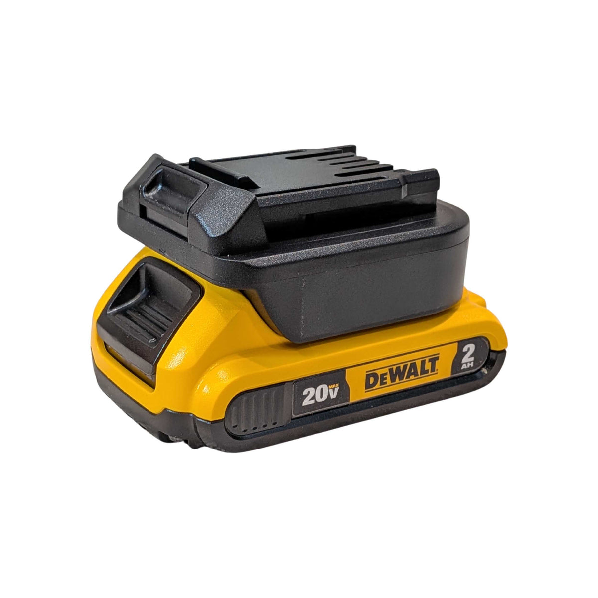 DeWalt 20V MAX to CAT 18V battery adapter - fitted to the DeWalt 20V MAX battery, CAT tool-side connection facing up