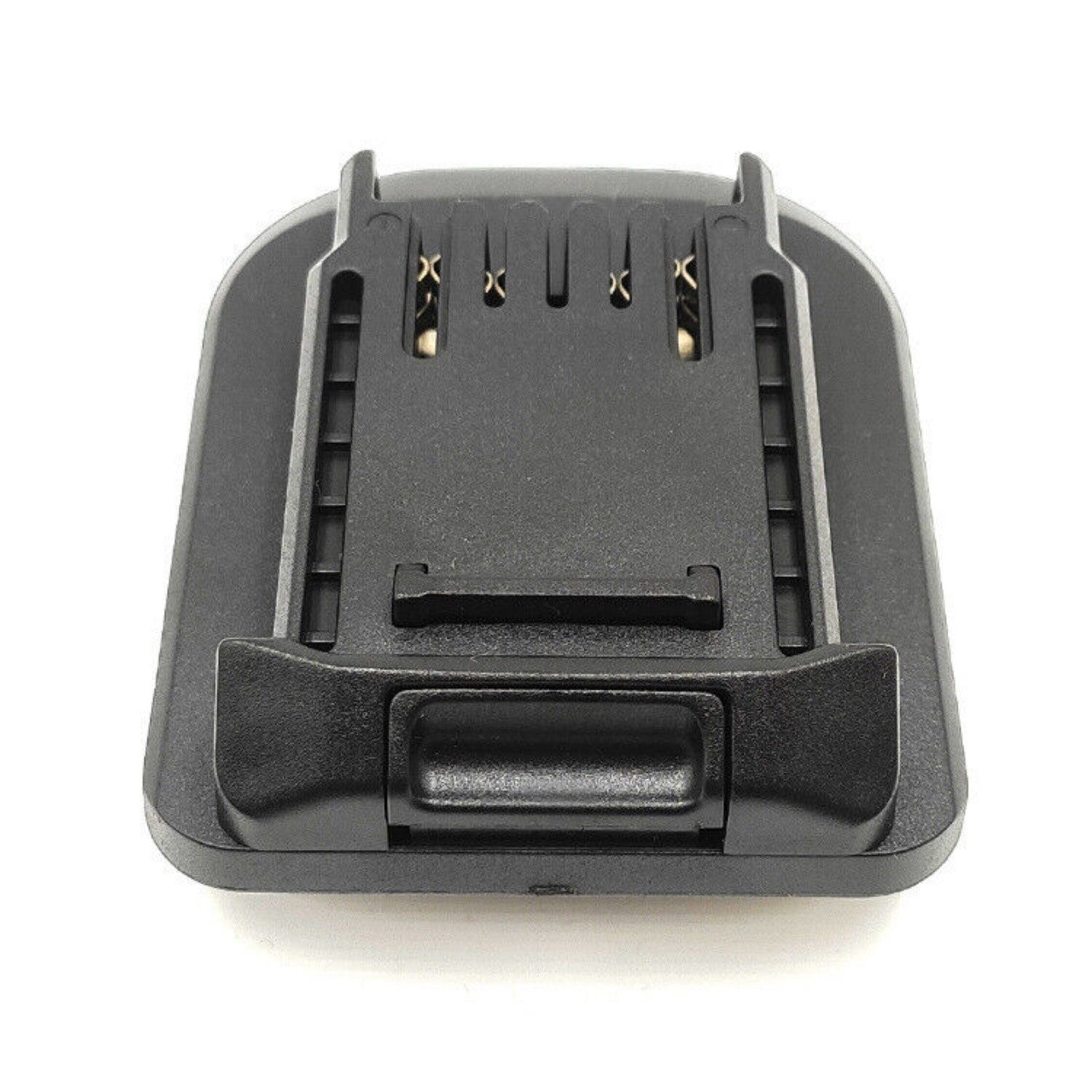DeWalt 20V MAX to CAT 18V battery adapter - top view of the CAT tool-side connection with the release button