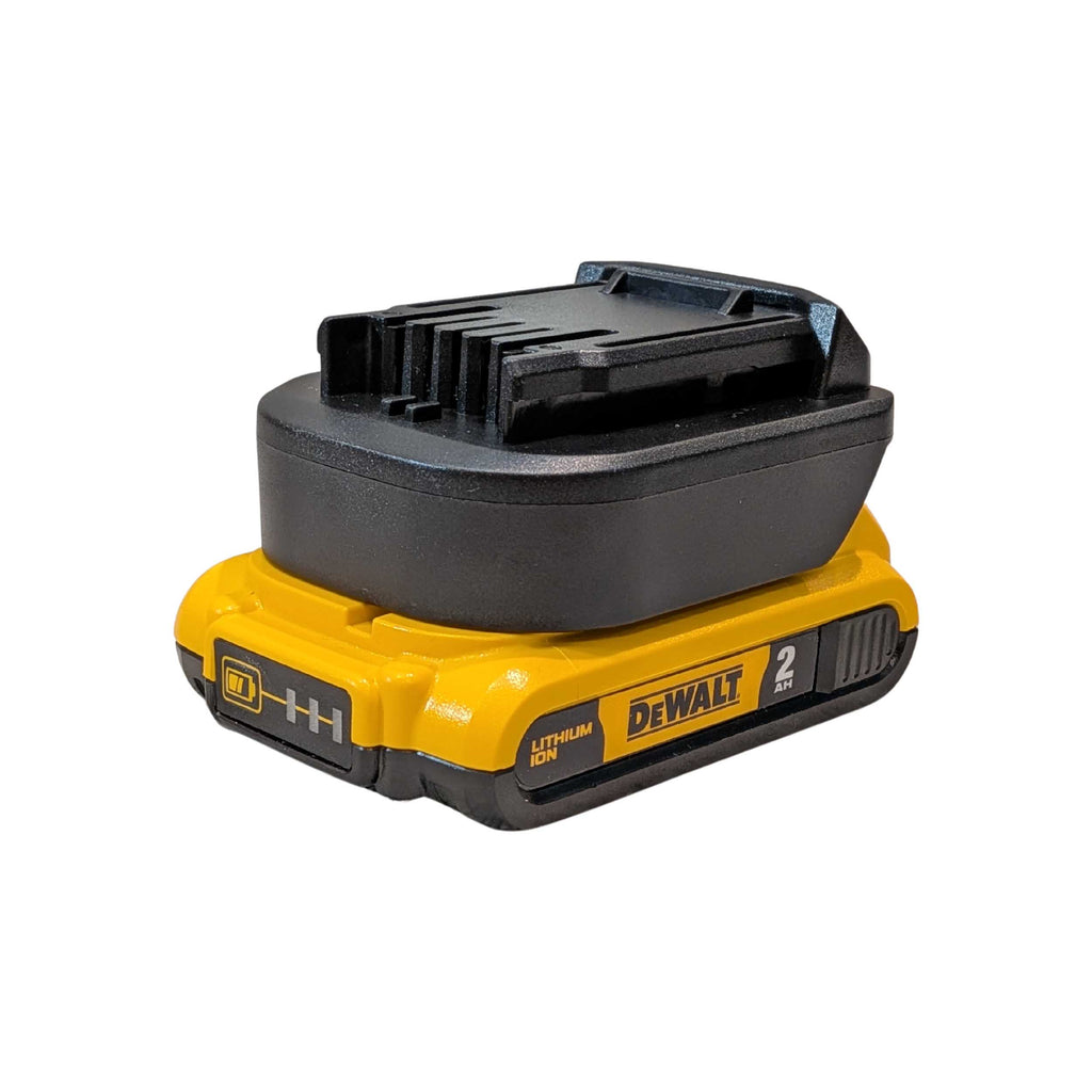 DeWalt 20V MAX to CAT 18V battery adapter - fitted to the DeWalt 20V MAX battery, CAT tool-side connection facing up