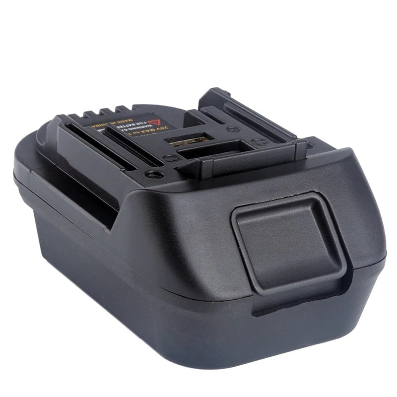 DeWalt 20V MAX to Makita 18V LXT battery adapter - Makita-side rail, USB port and warning label