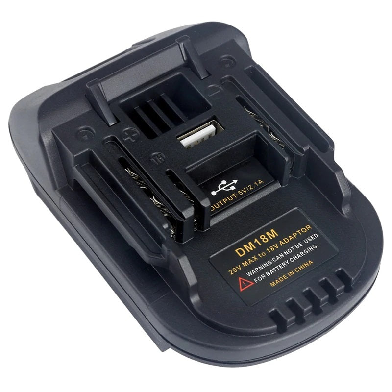 DeWalt 20V MAX to Makita 18V LXT battery adapter - Makita-side connection with the USB port and rating label