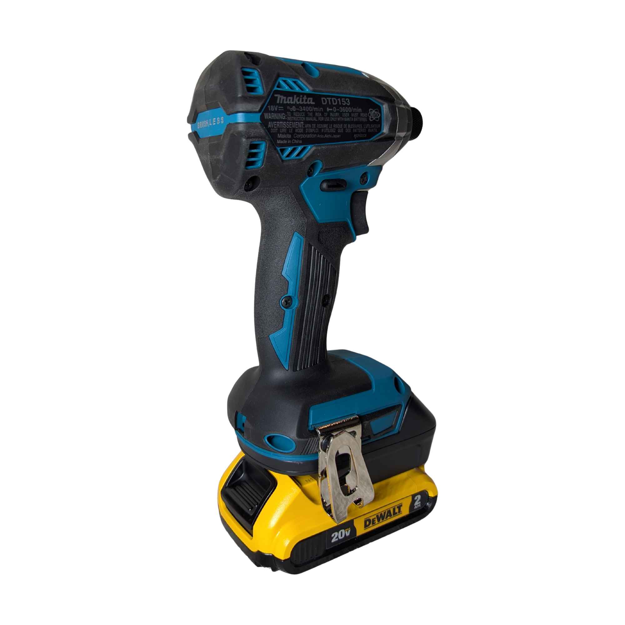 DeWalt 20V MAX to Makita 18V LXT battery adapter - installed on a Makita impact driver, rear view with the belt clip