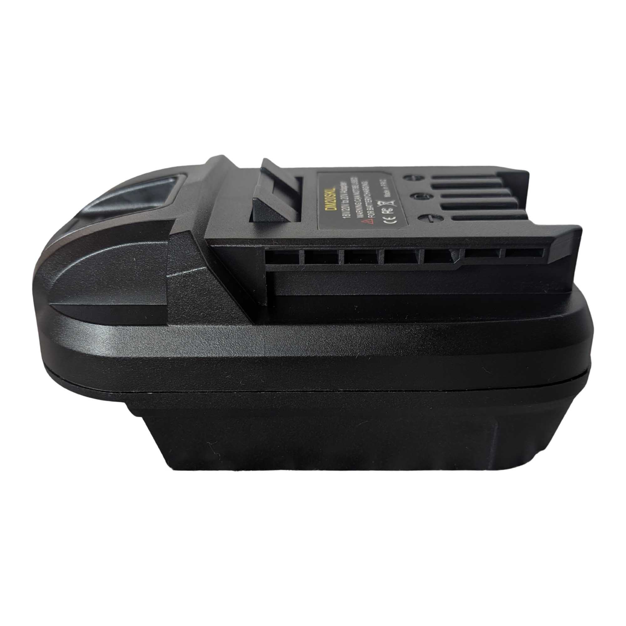DeWalt 20V MAX to SKIL 20V PWR CORE battery adapter - side view showing both connections, slots along the SKIL tool-side rail