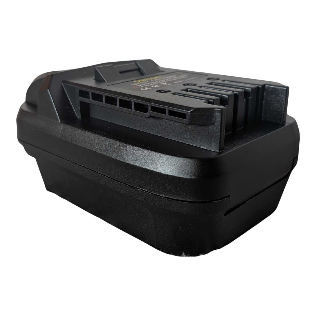 DeWalt 20V MAX to SKIL 20V PWR CORE battery adapter - SKIL tool-side connection at the near end, raised fins beside the slots