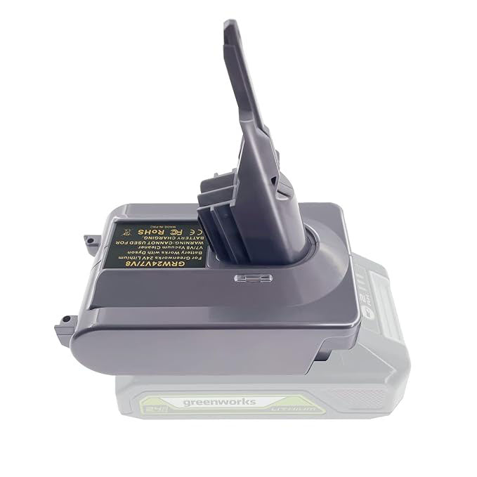 Greenworks 24V to Dyson V7 battery adapter - fitted to the Greenworks 24V battery, Dyson tool-side post upward