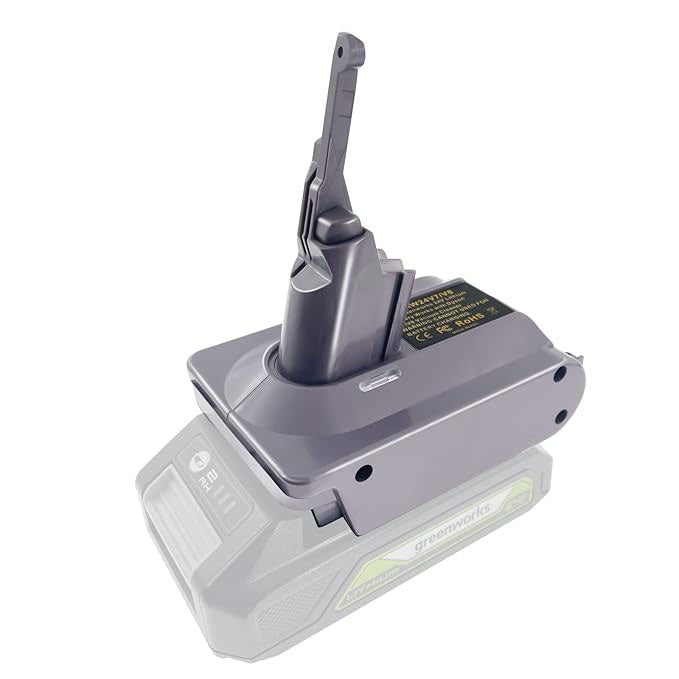 Greenworks 24V to Dyson V8 battery adapter - fitted to the Greenworks 24V battery, Dyson tool-side post upward