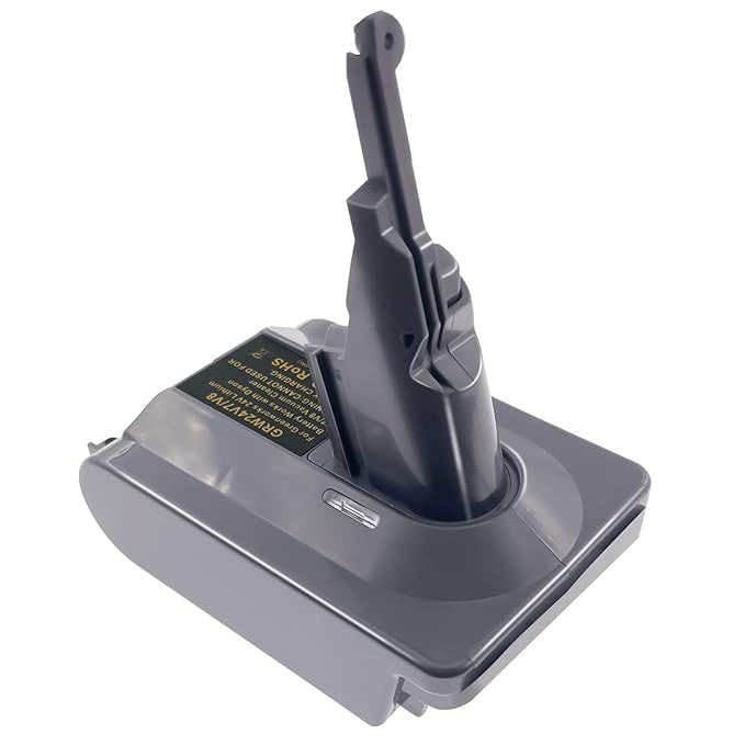 Greenworks 24V to Dyson V8 battery adapter - Dyson tool-side connection, hooked post and the warning label on the body