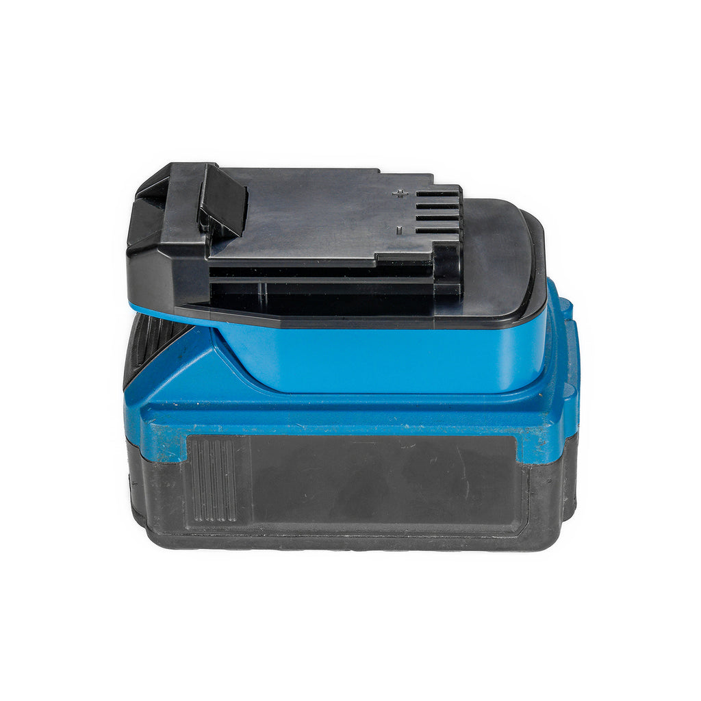 Hercules 20V to Porter Cable 20V battery adapter - seated on a battery pack, tool-side terminal slots with + and - marks