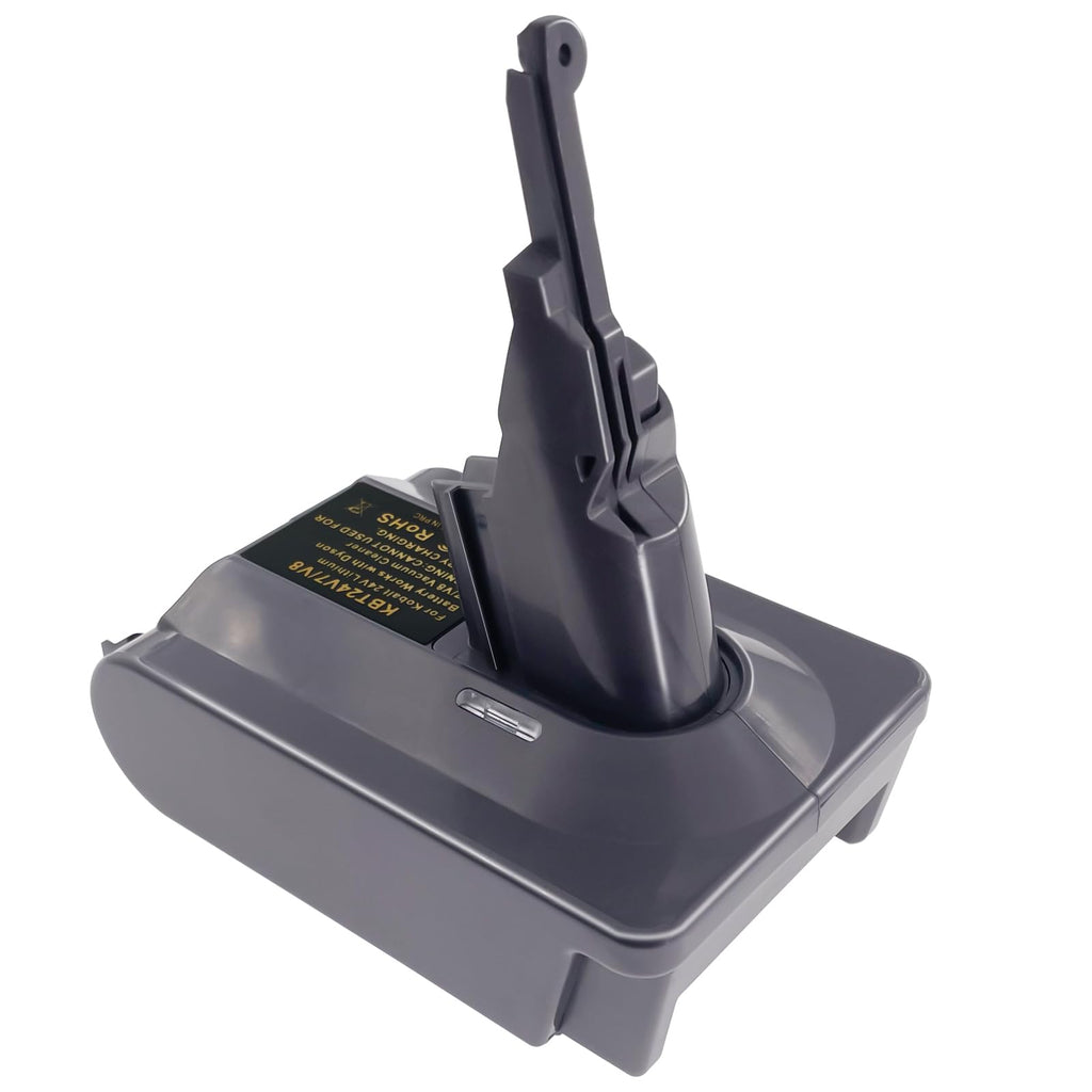Kobalt 24V to Dyson V7 battery adapter - Dyson tool-side connection, hooked post and the warning label on the body