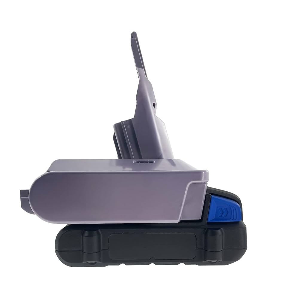 Kobalt 24V to Dyson V7 battery adapter - side view, Dyson tool-side post upward, seated on a battery pack
