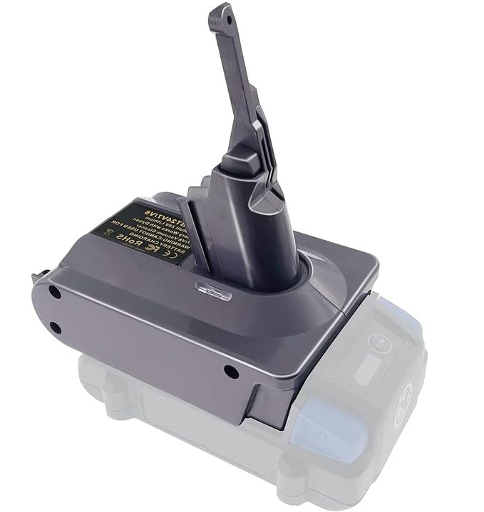 Kobalt 24V to Dyson V7 battery adapter - Dyson tool-side post upward, seated on a battery pack