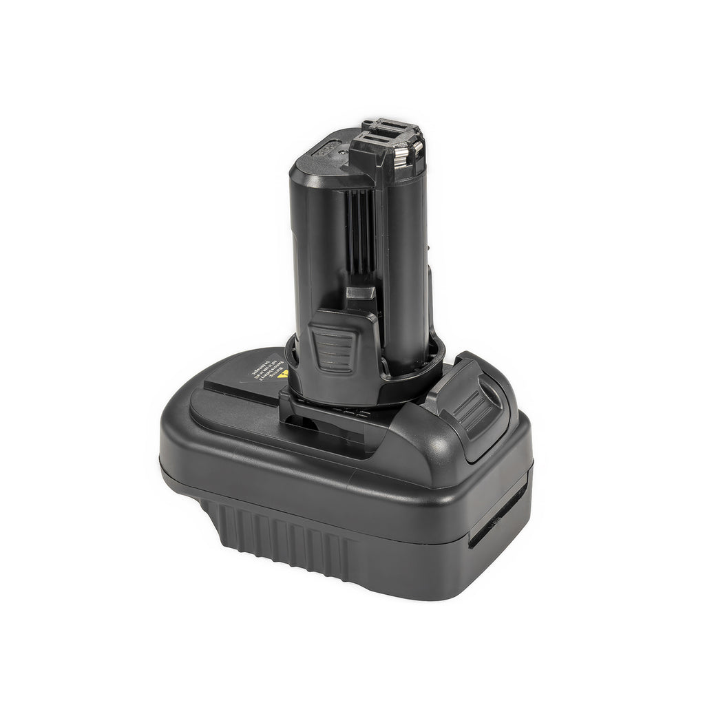 Makita 18V LXT to Dremel 12V 8220/8250 battery adapter - Dremel 12V tool-side post upward, ribbed release button beside it