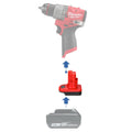 Makita 18V LXT to Milwaukee M12 battery adapter - compatibility diagram showing battery, adapter and cordless drill
