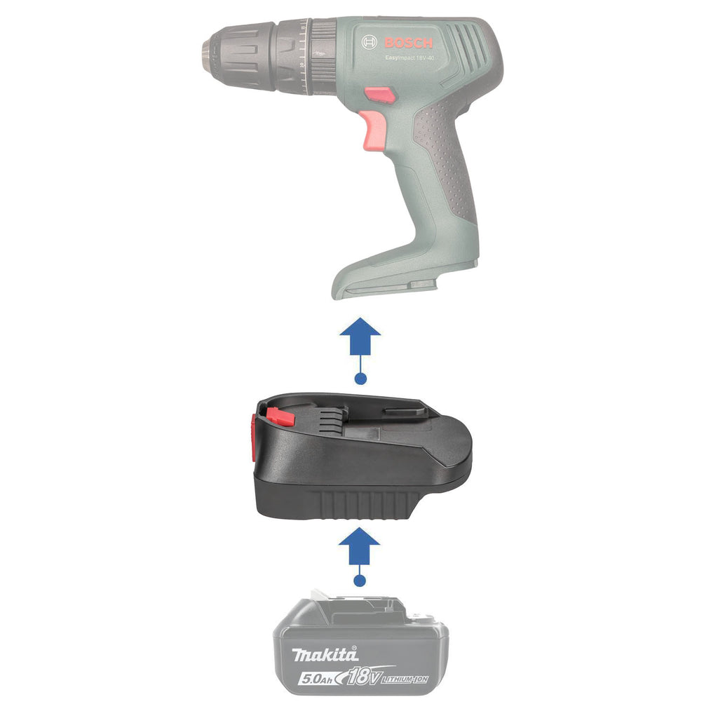 Makita 18V LXT to Bosch 18V PBA (Green) battery adapter - compatibility diagram showing battery, adapter and cordless drill