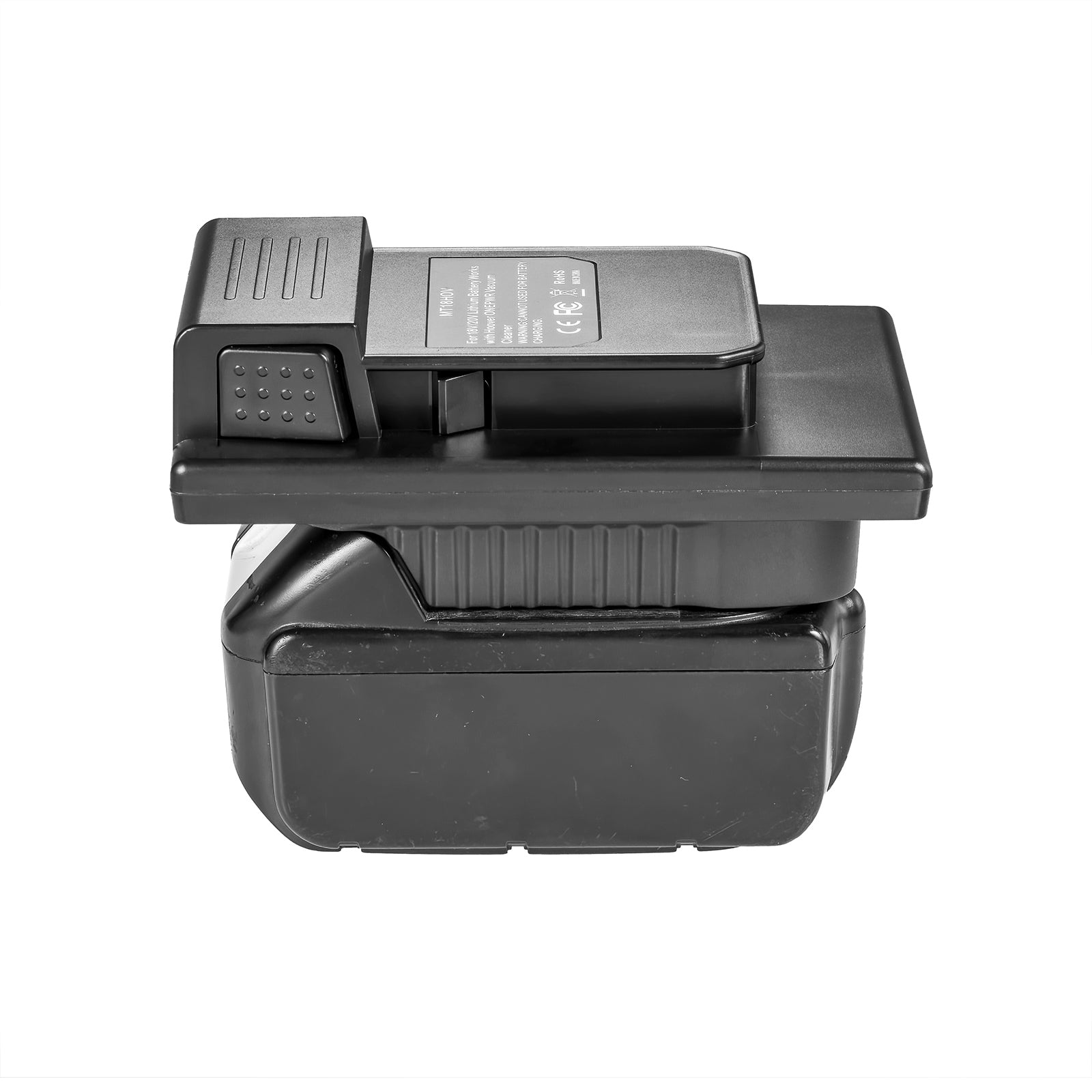 Makita 18V LXT to Hoover 20V ONEPWR battery adapter - fitted to the Makita 18V LXT battery, Hoover tool-side block uppermost