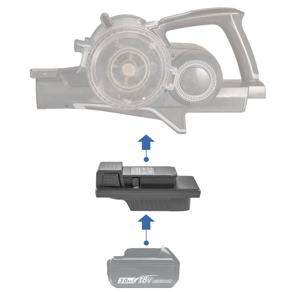 Makita 18V LXT to Hoover 20V ONEPWR battery adapter - compatibility diagram showing battery, adapter and cordless vacuum