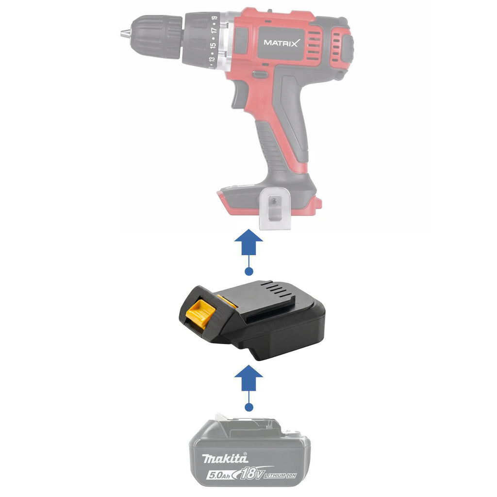 Makita 18V LXT to MATRIX 20V battery adapter - compatibility diagram showing battery, adapter and drill driver