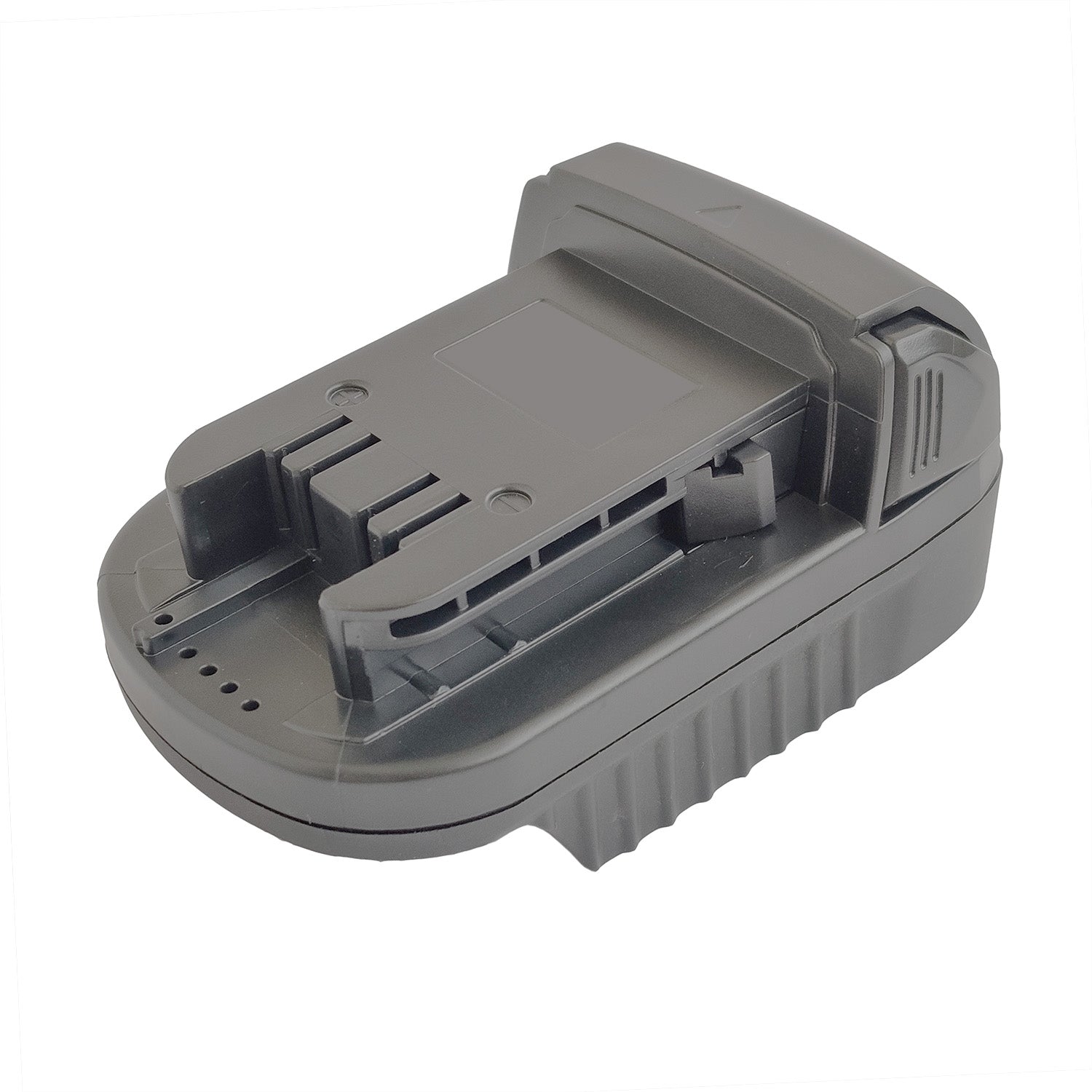 Makita 18V LXT to Milwaukee M18 battery adapter - Milwaukee tool-side rail with the charge-level pips alongside