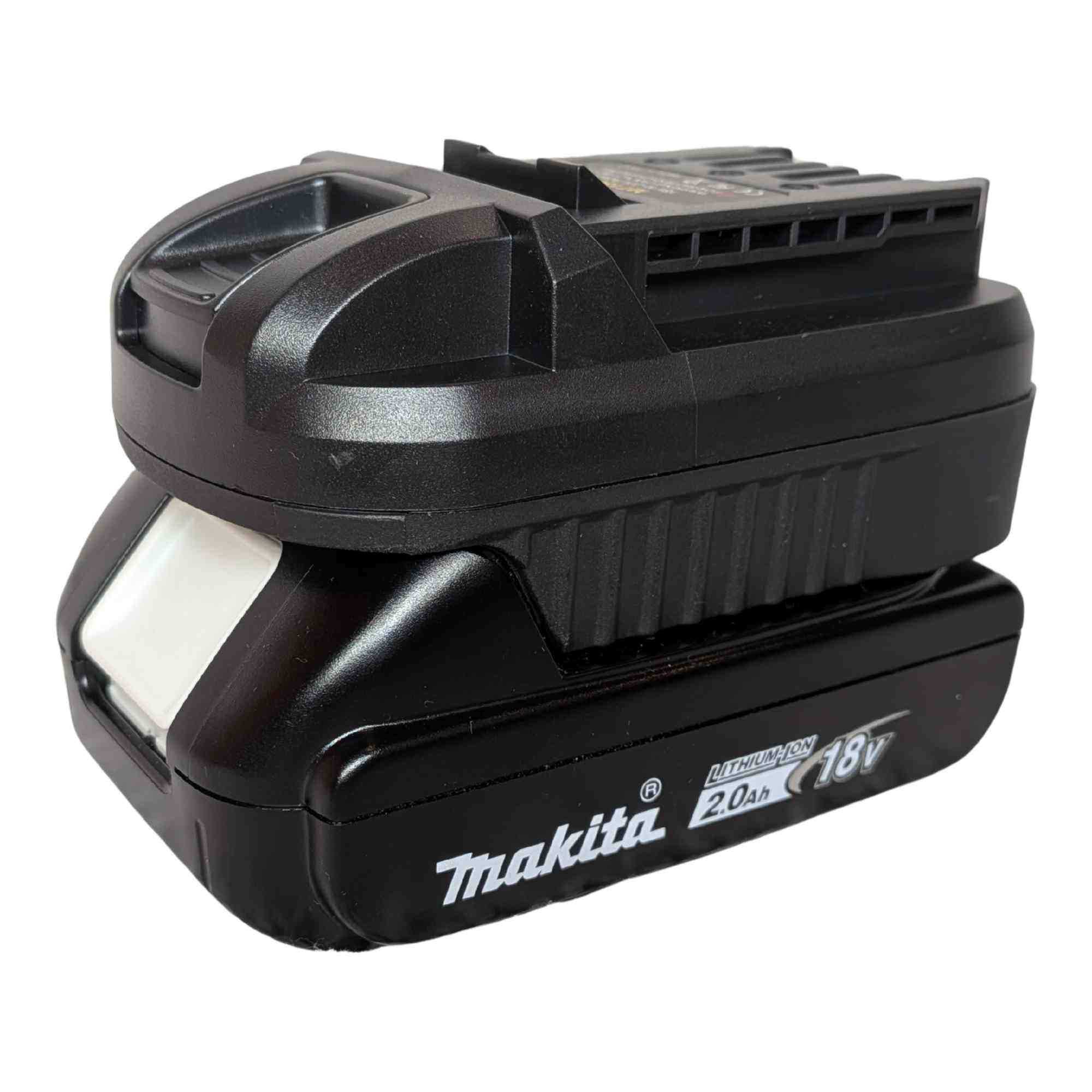 Makita 18V LXT to SKIL 20V PWR CORE battery adapter - fitted to the Makita 18V LXT battery, tool-side rails upward