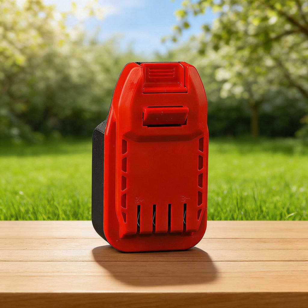 Masterforce 20V to Craftsman 20V battery adapter - Craftsman tool-side connection face-on, on a wooden table outdoors
