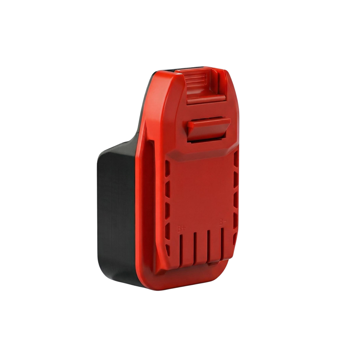 Masterforce 20V to Craftsman 20V battery adapter - Craftsman tool-side connection face-on, terminal slots with polarity marks