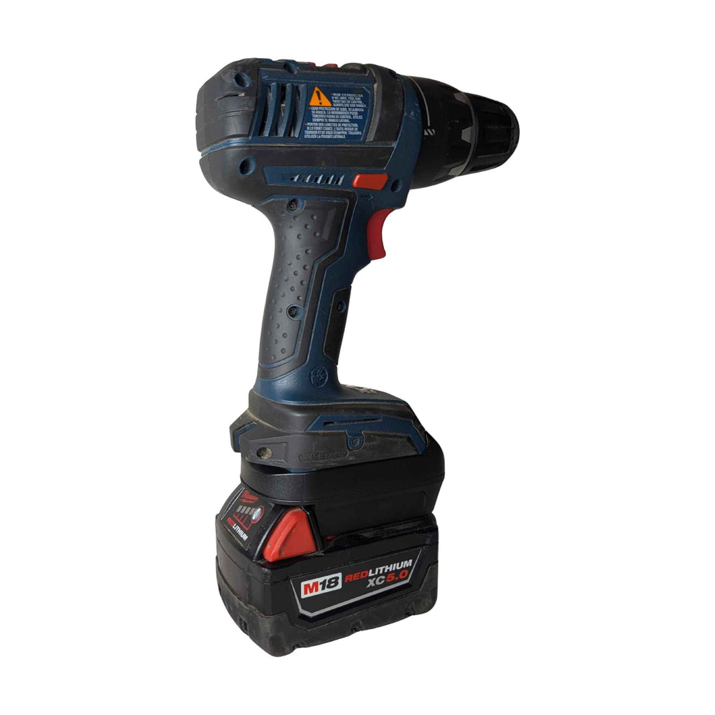 Milwaukee M18 to Bosch 18V GBA (Blue) battery adapter - rear view installed on a drill driver with the battery fitted