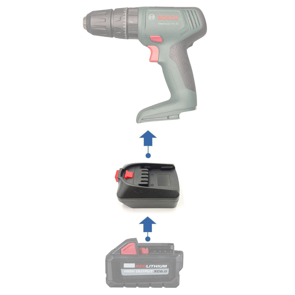 Milwaukee M18 to Bosch 18V PBA (Green) battery adapter - compatibility diagram showing battery, adapter and drill driver