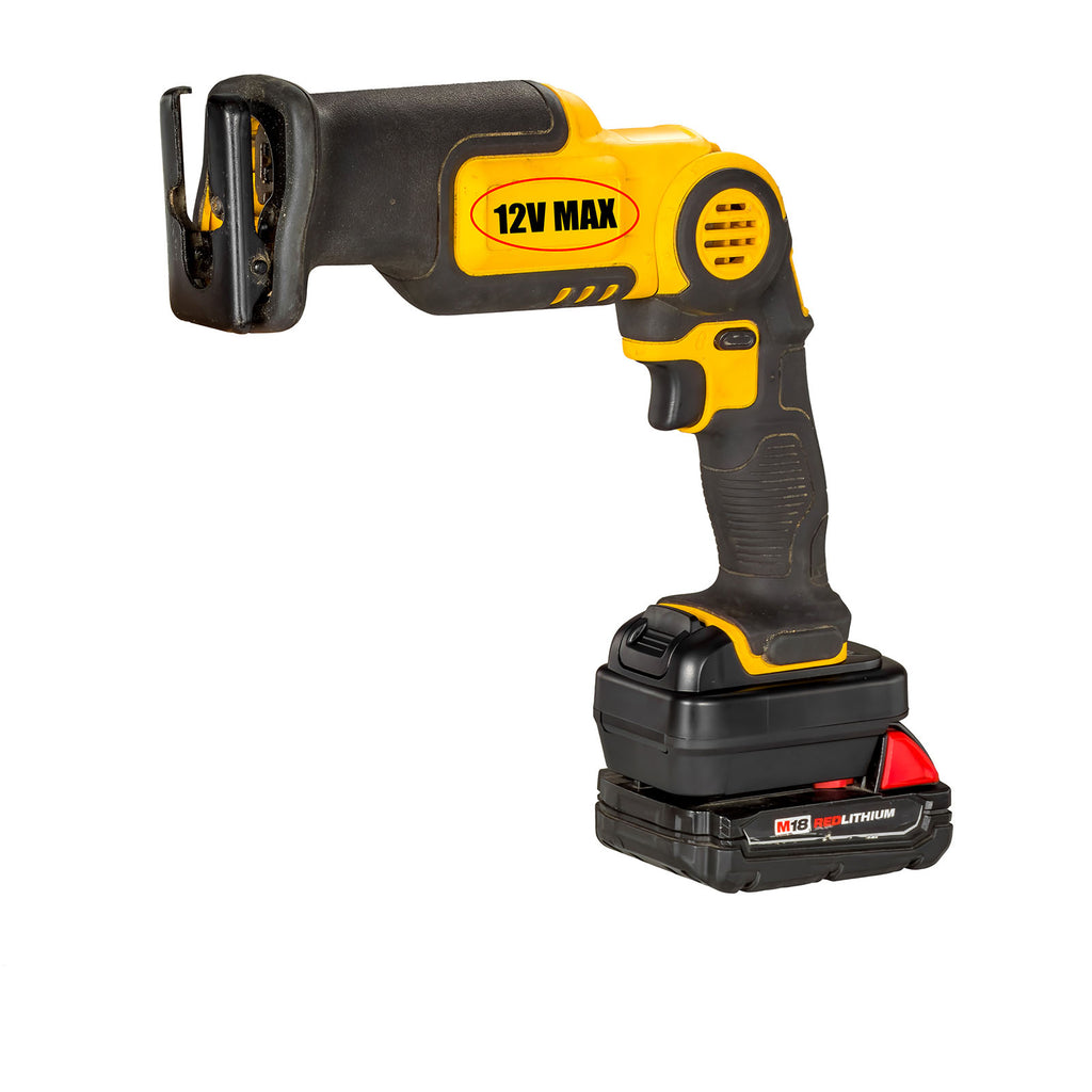 Milwaukee M18 to DeWalt 12V MAX battery adapter - installed on a cordless reciprocating saw, the battery fitted below