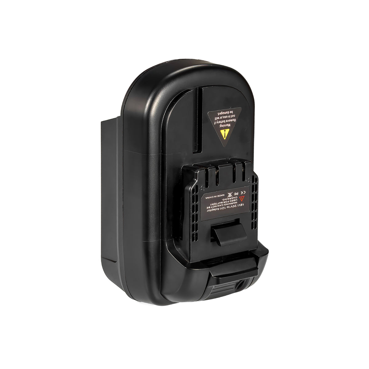 Milwaukee M18 to DeWalt 12V MAX battery adapter - 12V MAX tool-side connection, latch tab, terminal slots and printed label