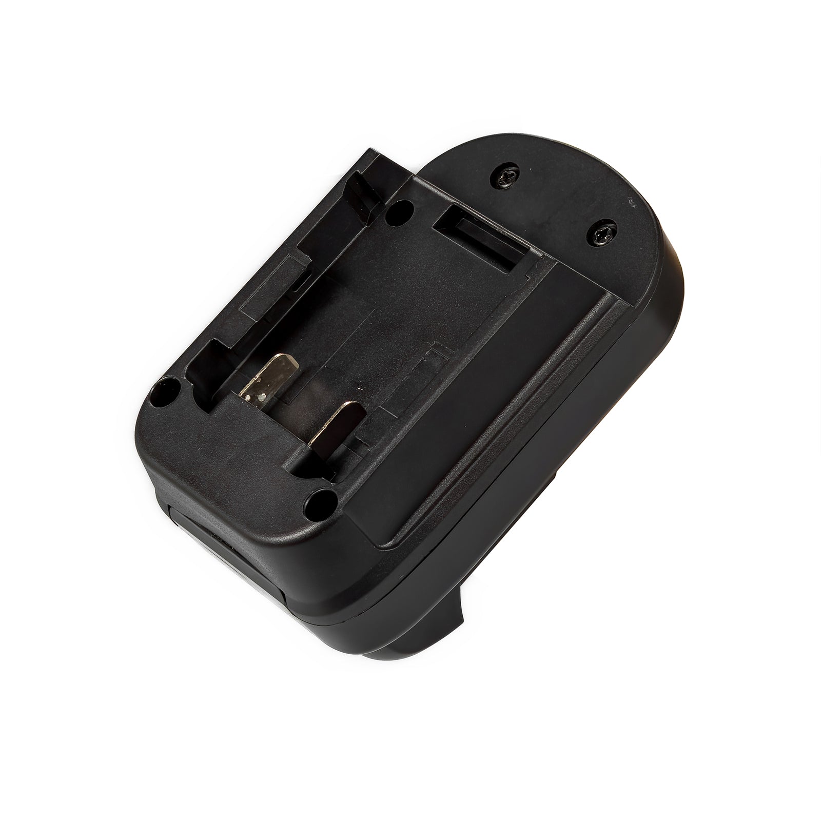 Milwaukee M18 to DeWalt 12V MAX battery adapter - battery-side connection, guide rails, terminal blades and latch slot