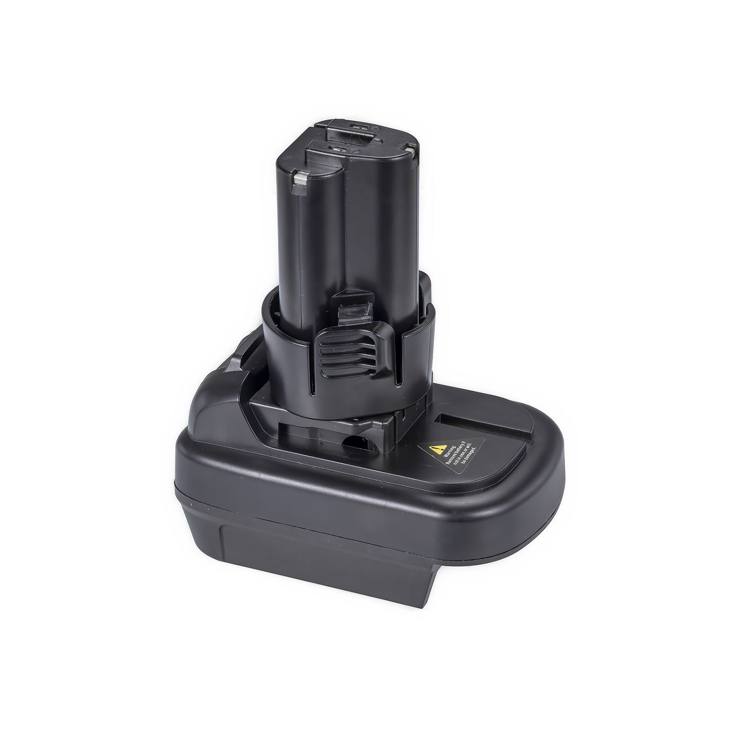 Milwaukee M18 to Makita 10.8V CXT battery adapter - Makita tool-side post upward, warning label on the base top face