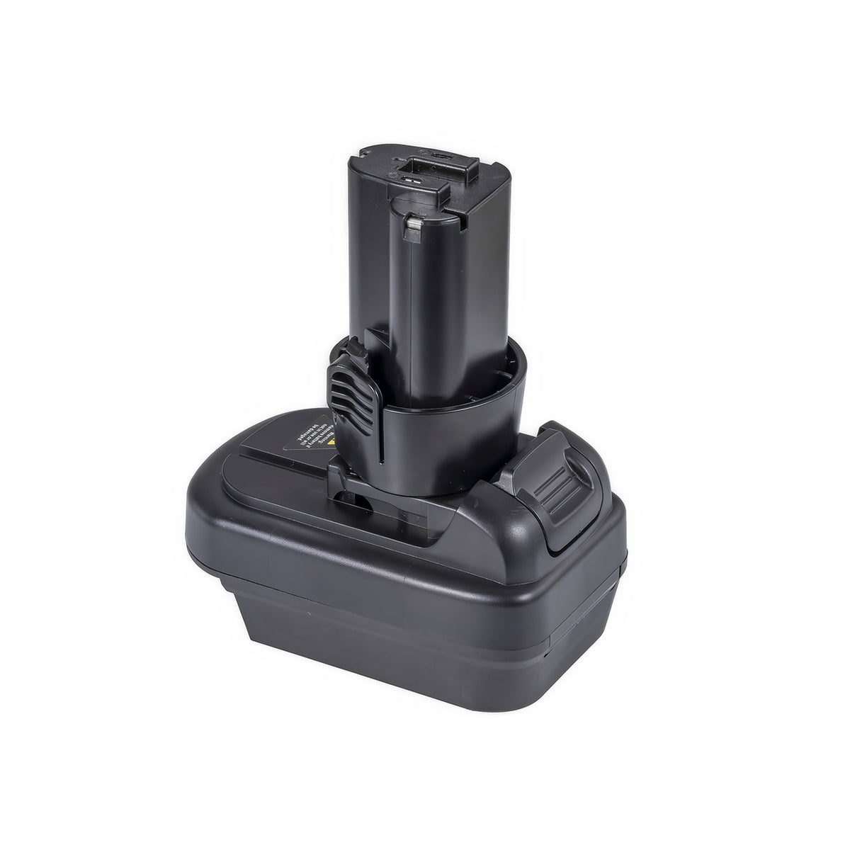Milwaukee M18 to Makita 10.8V CXT battery adapter - Makita tool-side post upward, ribbed pad recessed in the base corner
