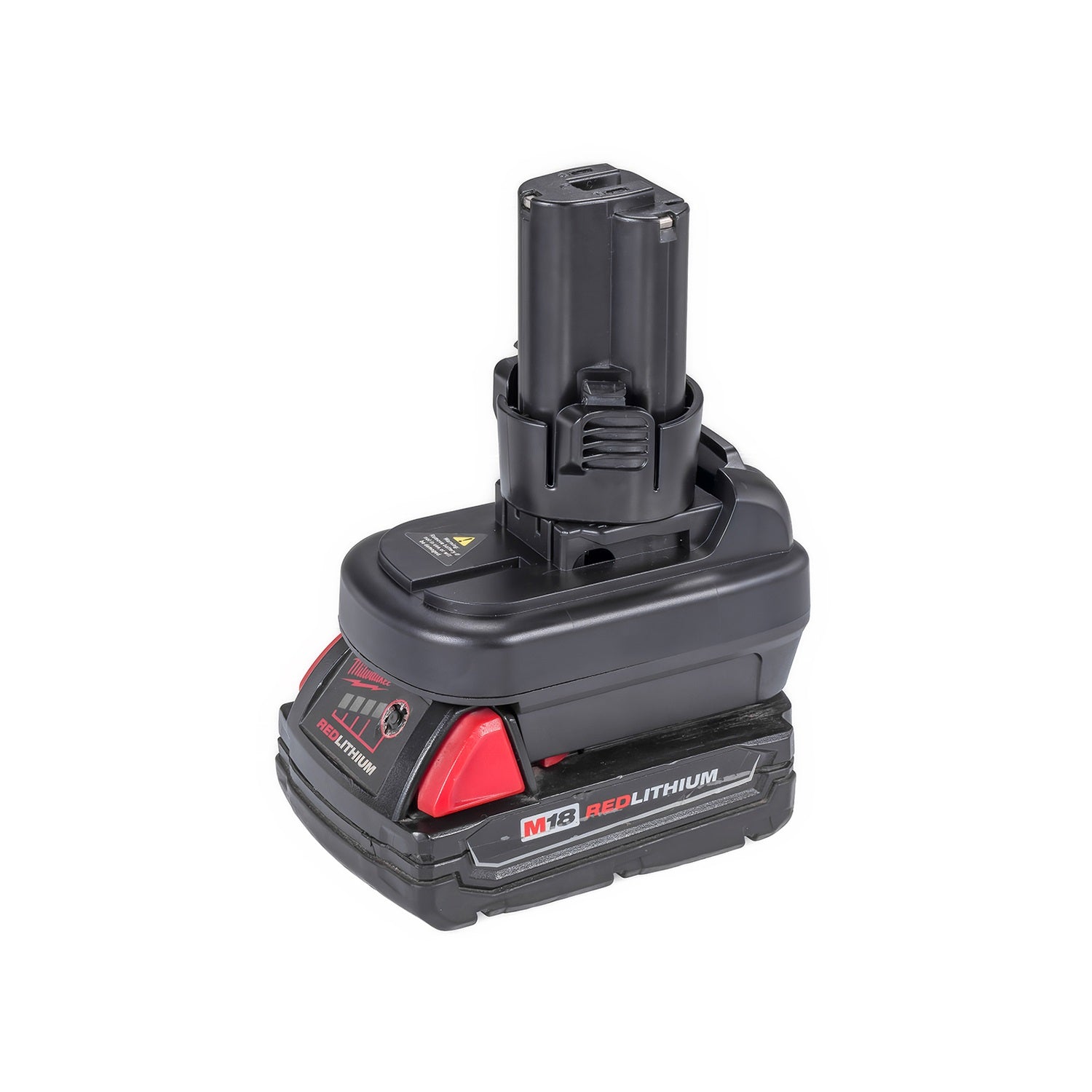 Milwaukee M18 to Makita 10.8V CXT battery adapter - fitted to the battery, Makita tool-side post upward with its terminal