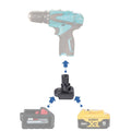 Milwaukee M18 to Makita 10.8V CXT battery adapter - compatibility diagram showing battery, adapter and drill driver