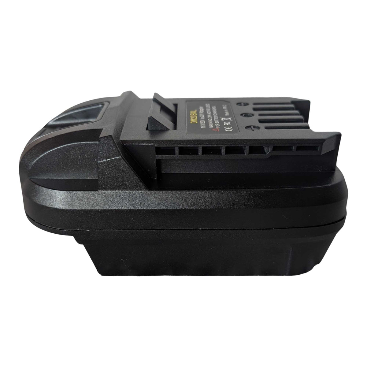 Milwaukee M18 to SKIL 20V PWR CORE battery adapter - side view showing both connections, slots along the SKIL tool-side rail