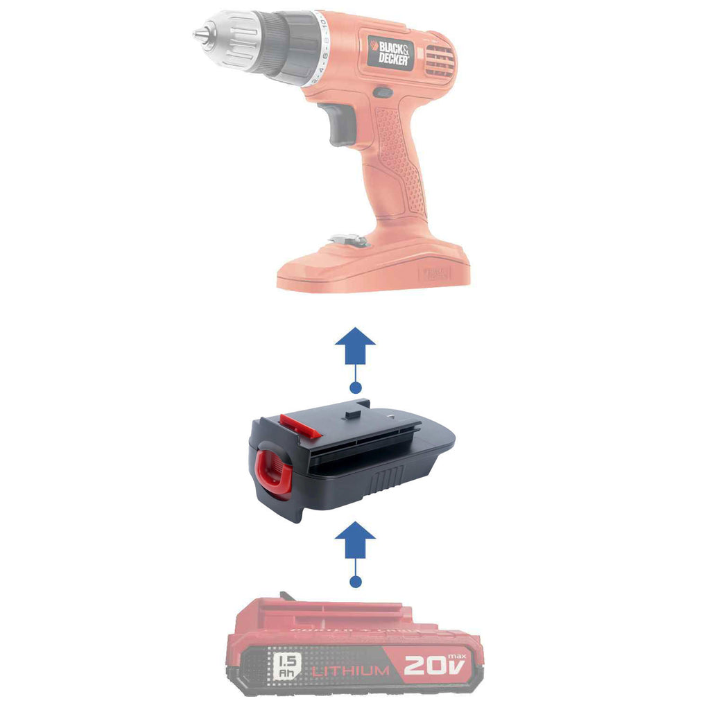 Porter Cable 20V to Black and Decker 18V Ni-Cd battery adapter - compatibility diagram showing battery, adapter and drill